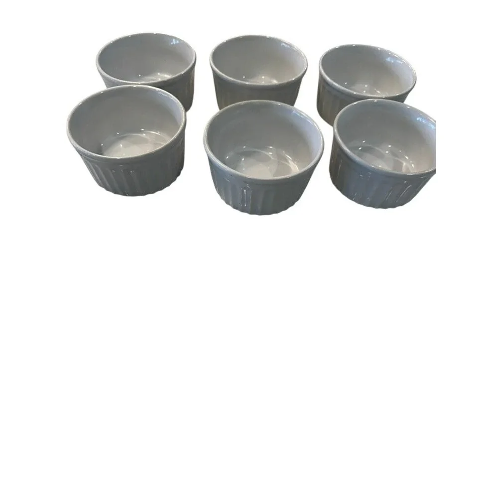 Set of 6 White Ceramic Ramekins Fluted Souffle Dishes 3.5